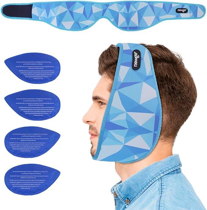 NEWGO Wisdom Teeth Ice Pack Head Wrap Jaw Ice Pack for Face Oral Surgery Pain Relief, Face Ice Wrap with 4 Hot/Cold Packs for Facial, Chin, Jaw