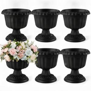 6 Pack Plastic Black Urn Planters, 12'' x 10'' Front Porch Decor