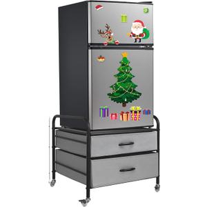 Mini Fridge Stand, Fridge Stand with Storage, 2 Drawer Fridge Cart, Organizer Unit for Mini Fridge, Fridge Stand with Metal Frame and Fabric Drawers, Mini Fridge Table with 4 Swivel Wheels (Grey)