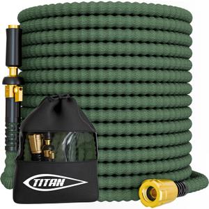TITAN Flexible Garden Hose 50FT Ultra Lightweight, Heavy Duty Water Hose with Brass Fittings & Jet Nozzle Kink-Free, Non-Expanding, Durable Fabric Hose for Yard, Lawn, Car Wash, Outdoor Use