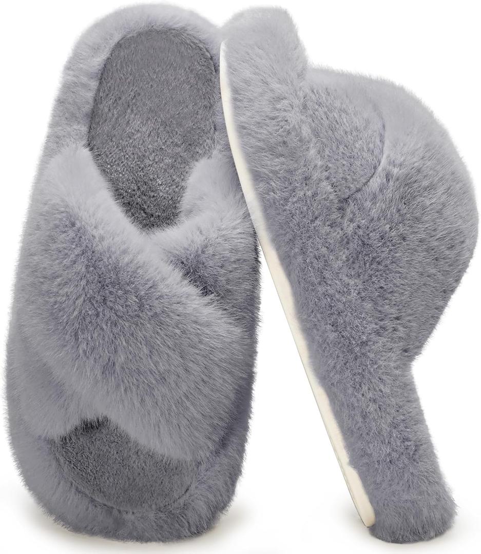 Women's Fuzzy Slippers House Slippers Memory Foam Bedroom Shoes Open Toe, Cross Band (8.5-9.5, Grey)