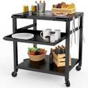 NUUK Outdoor Grill Prep Table 24"x30" Metal Grill Cart Outside 3-Layer Pizza Oven Table Movable with Universal Wheels for BBQ Backyard Patio (Black)