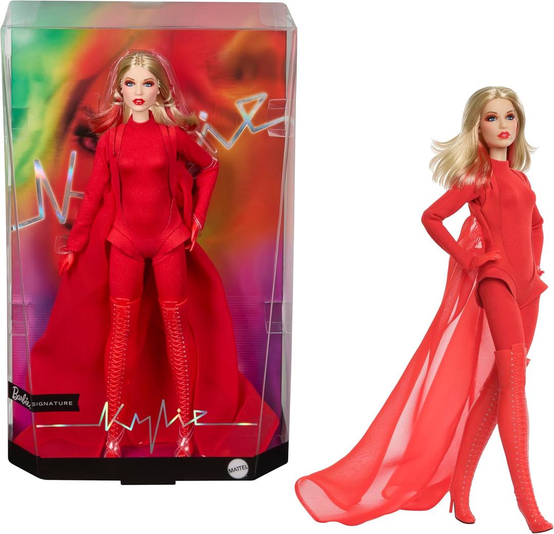 Barbie Signature Doll, Kylie Minogue Posable Collectible in Padam Padam Music Video Outfit with Red Bodysuit, Chiffon Cape and Lace-Up Boots