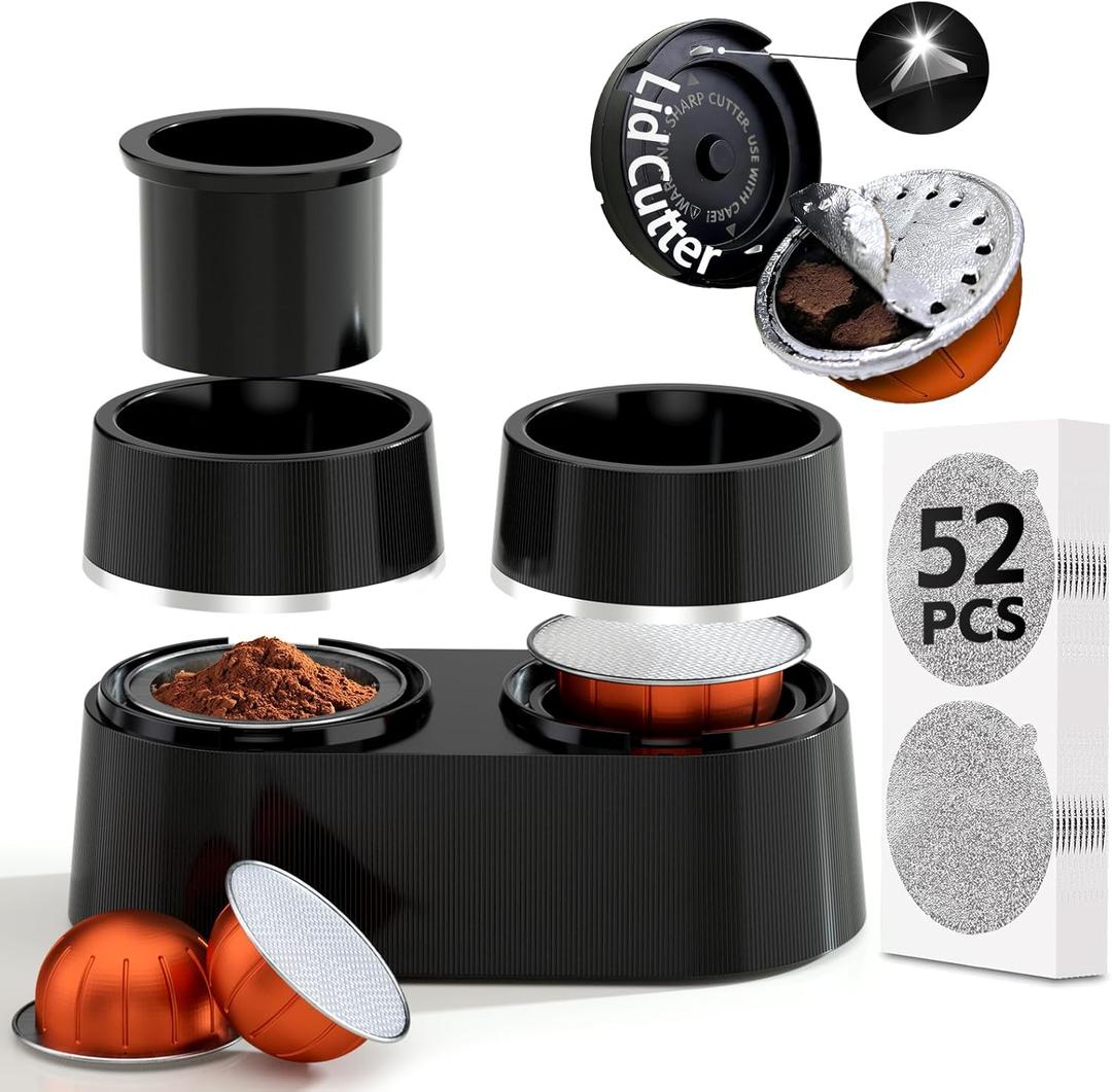 Reusable Coffee Pods Kit Compatible for Nespresso Vertuoline Pods, Refill Dual Pods Kit with Upgrade Lid Opener, 52 Pcs Aluminum Foil Seals Lids for Nespresso VertuoPlus Espresso Machine(No pods)