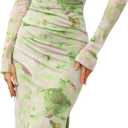 Women's Sexy Mesh Maxi Dress Y2K Flared Long Sleeve Floral Printed Side Slit Ruched Bodycon Party Long Dresses (15green)