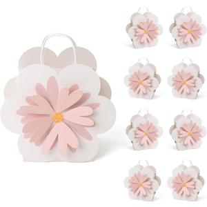 Cheerland Pink Daisy Flower Party Favor Bag Goodie Gift Bags Floral Treat with Handles for Woodland Baby Shower Spring Girls Birthday Wedding Gender Reveal Tea Party Decorations Supplies Pack of 8