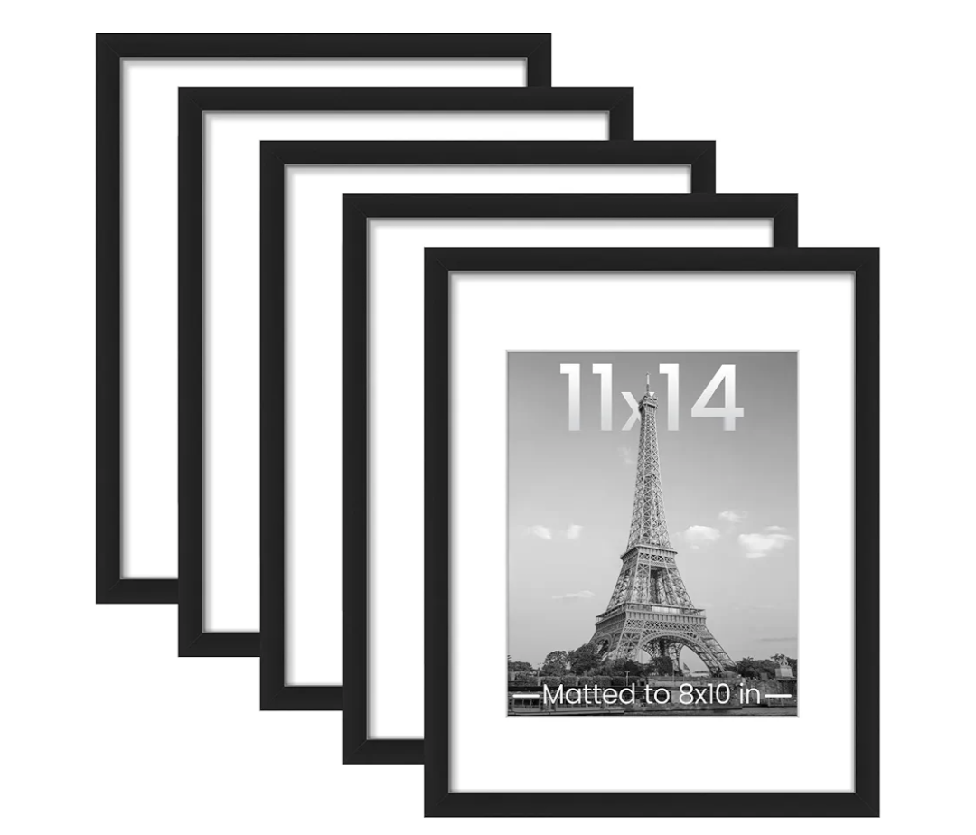upsimples 11x14 Picture Frame Set of 5, Display Pictures 8x10 with Mat or 11x14 Without Mat, Wall Gallery Photo Frames, Black