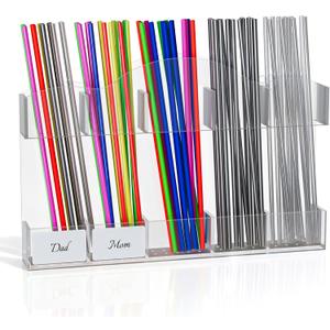 FOOGWEE 9.8" Acrylic Straw Holder for Cabinet Door - Straw Organizer with Ultra-Sticky Adhesive, Kitchen & RV Essensials, 5-Compartment Storage for Reusable Straws & Brushes, Colored Pencils, Markers (Clear)