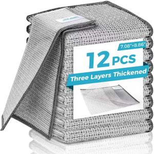 Forggon12 Pcs New Upgrade 3-Layer Metal Dish Cloth, No Scratches and No Odor, Multipurpose Wire Dishwashing Rag for Wet and Dry, Kitchen Cleaning DishRags,Sinks,Dishes,Stove Top, Dimensions(7.08X8.86)