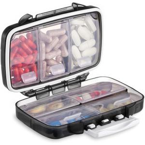 Fullicon Portable Pill Organizer Weekly, Small Travel Pill Case with 7 Compartment, Moistureproof and Airtight Pill Box, Travel Pill Holder for Vitamins/Fish Oils/Supplements (Black)