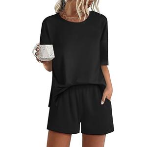 Ekouaer Pajamas for Women Set 2 Piece PJ Soft Comfy Lounge Sets Short Sleeve Tops Shorts Sets Cotton Sleepwear,Size XL, Black