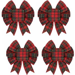 Geosar 4 Pcs Christmas Buffalo Plaid Bows Decorations 6 Inch Christmas Burlap Gingham Craft Bows Xmas Tree Decorative Wreath Decor for Crafts Xmas Party Birthday Decor(Red and Green,Cute)