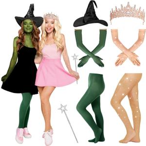 7 Pcs Pink Princess Green Witch Accessories Set Classic Movie Cosplay Including Ruched Witch Hat Crowns Gloves Sparkle Fishnets Fairy Wand Star Wand for Women Friendship Halloween Party