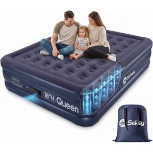 Sekey Queen Air Mattress with Built-in Pump, 18" Raised Blow Up Bed | Inflatable Mattress with Anti-Deflation Technology, 3-Minute Inflation, Soft Waterproof Flocked Top, Home & Moving, 660 lb