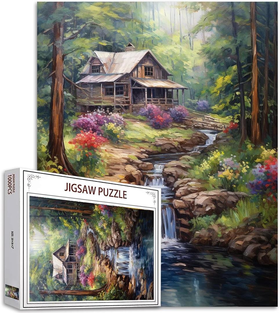 Tucocoo Forest Waterfall Art Jigsaw Puzzle 1000 Pieces Puzzles for Adults, Rustic Wood Cabin Trees Landscape Jigsaw Puzzles for Challenging Family Activity Games DIY Craft Puzzle for Home Decor Gifts