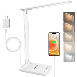 shinelife LED Desk Lamp for Office Home, Bright Desk Light with USB Charging Port, Adjustable Dimmable Desk Lamps 5 Modes 5 Brightness, Touch Study Lamp for Nail, Craft, Puzzle, Sewing, Study, White