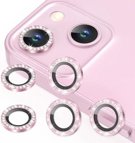AGVEE 3+3 6 Pack for iPhone 13 6.1" / 13 Mini 5.4" Camera Lens Protector, Bling Diamond & Bling Glitter Metal Ring 9H Tempered HD Glass Camera Cover Film, Bling-Pink