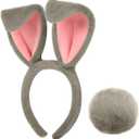 Parma77 Easter Bunny Ears Headband and Tail Set, Grey Plush Rabbit Ears Headband Women Costume Accessories Set, Halloween Cosplay Hairbands for Adults