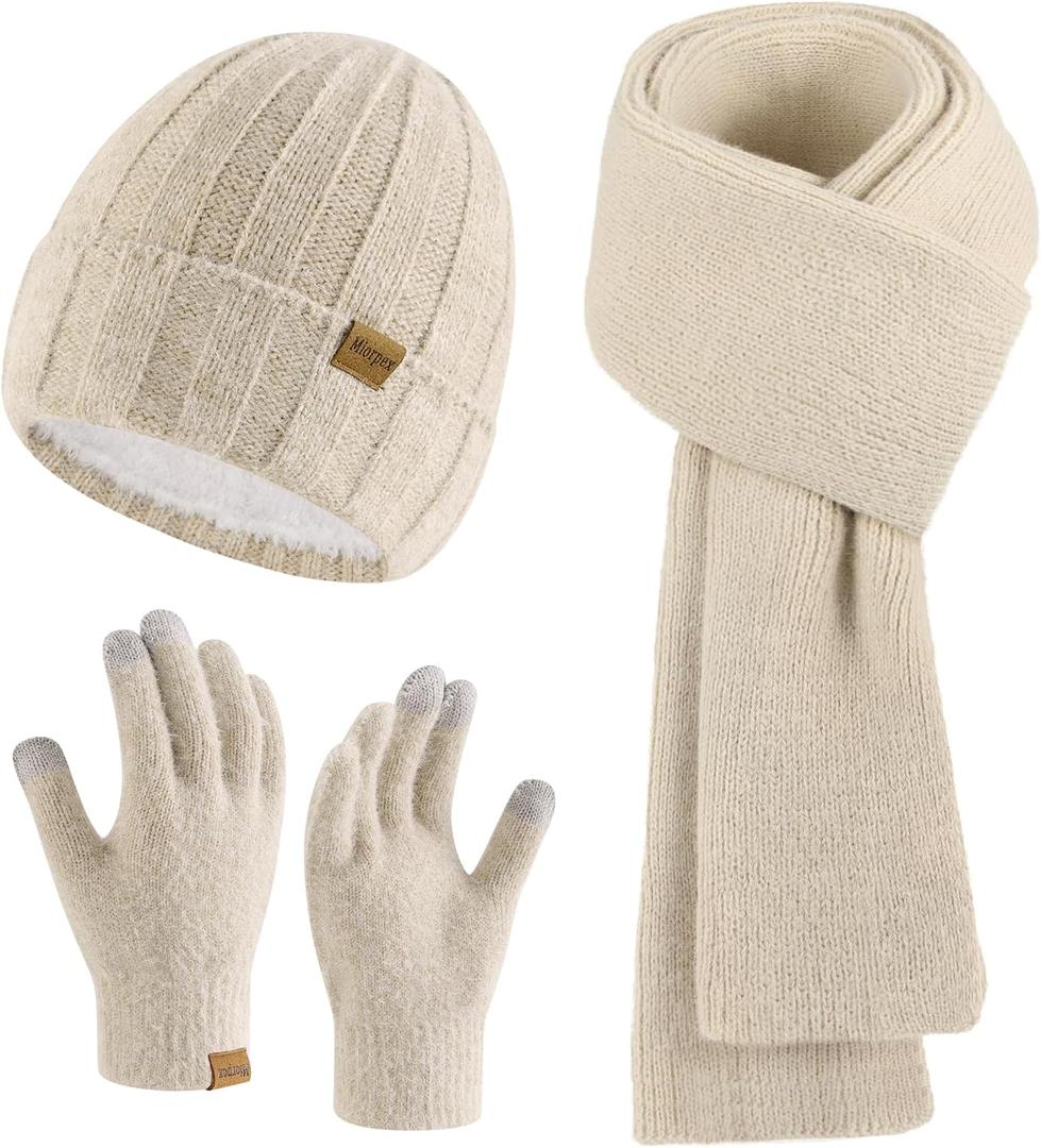 Miorpex Womens Beanie Hat Scarf Gloves Set Gifts for Women Men (Apricot)