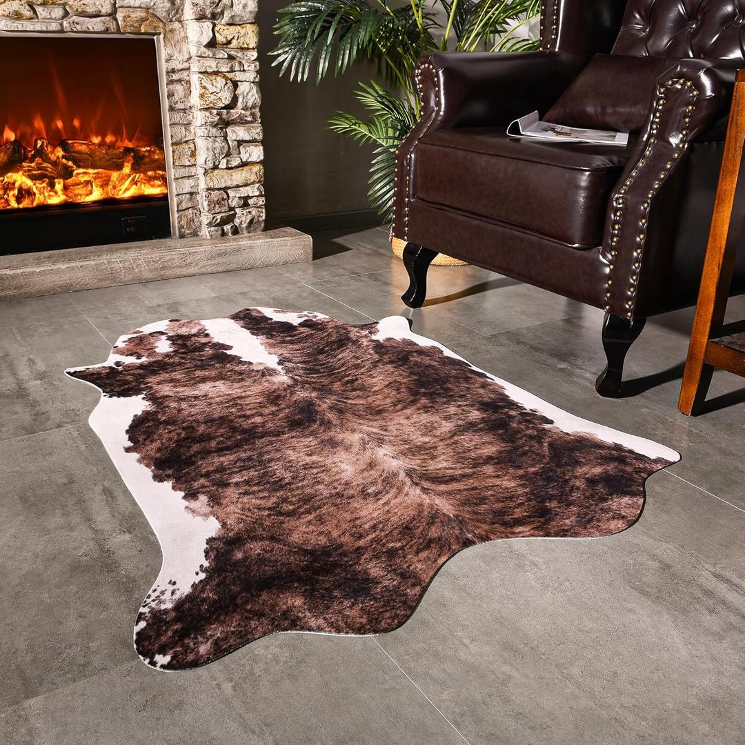 Easycozy Faux Cowhide Large Cow Print 3 x 4 Feet Thickened Elastic Rug for Bedroom, Living Room, Home Office, Western Decor (Black White)