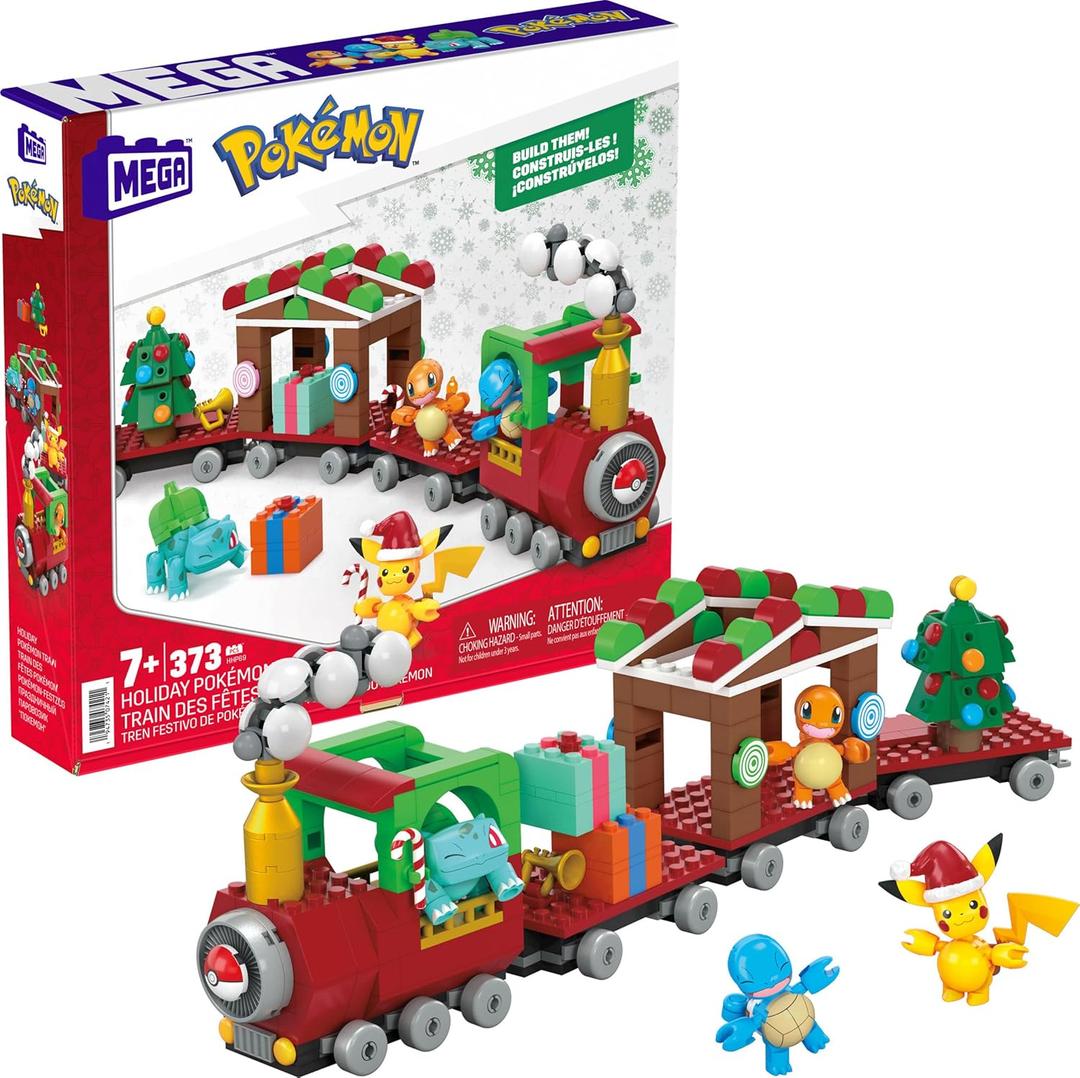 MEGA Pokmon Building Toys Set Holiday Train with 373 Pieces, 4 Articulated and Poseable Characters and Surprises, for Kids