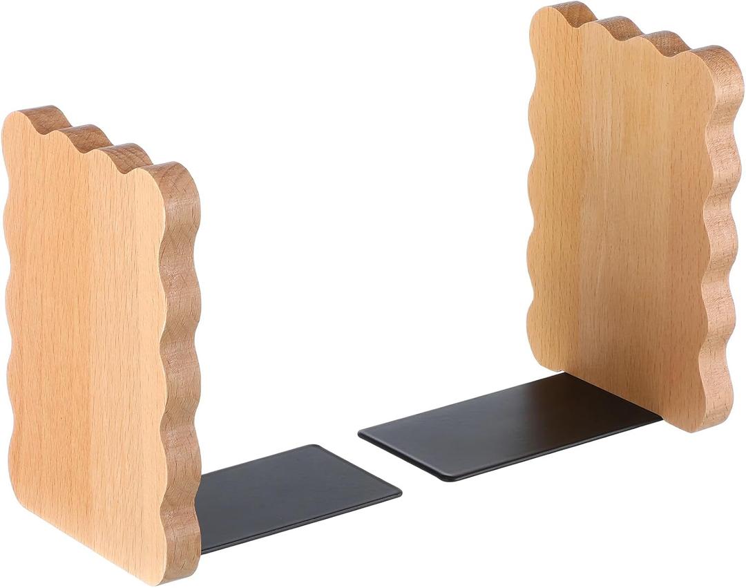 Skyygemm Natural Wood Scalloped Bookends for Shelves, Non Slip Decorative Cute Aesthetic Preppy Heavy Duty Book Ends Organizer Stopper for Nursery Home Decor Office