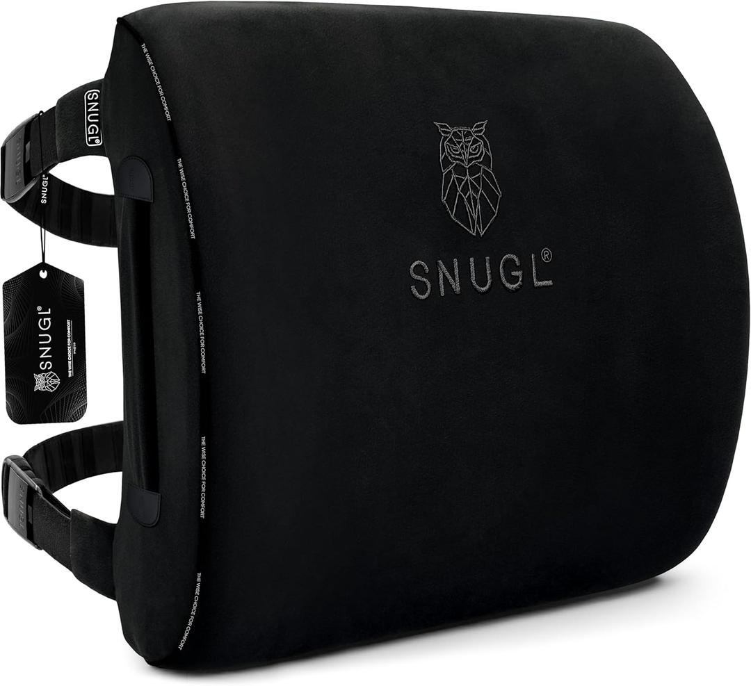 SNUGL Lower Back Support Cushion for Chair and Car Seat | Memory Foam Back Lumbar Support Cushion with Dual Straps | Ergonomic Office Chair with Non-Slip Back Layer | Black