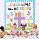 2 x Easter Christian Bulletin Board Set Jesus Loves All His Classroom Decorations Bunny Cross Eggs Religious Bulletin Board Cutouts for Easter Spring Sunday School Church Chalkboard Decor Supplies