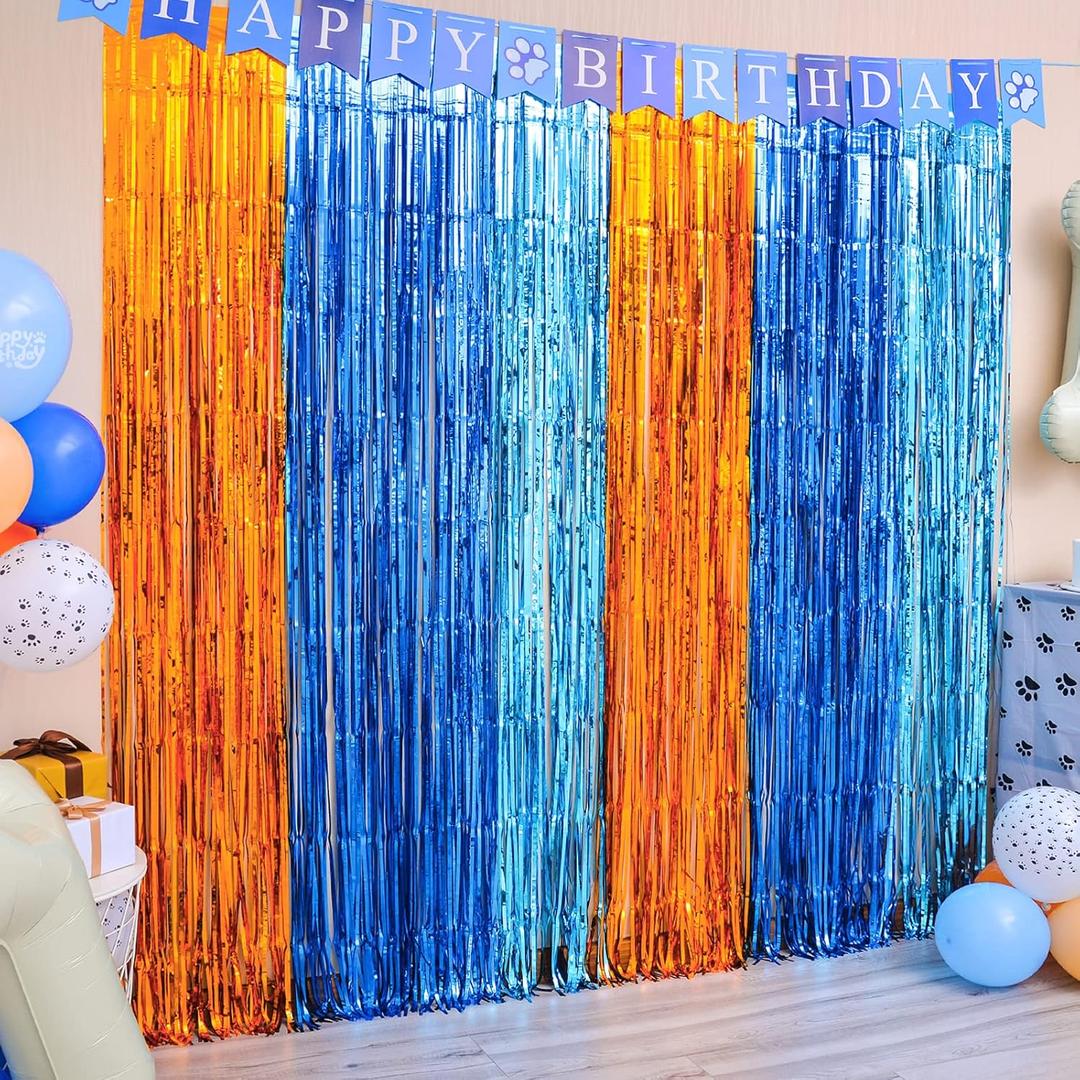 LOLStar Blue Dog Party Decorations, 2 Pack Dog-Themed Birthday Party Supplies, 3.3x6.6 ft Orange Blue and Light Blue Tinsel Photo Booth Props Streamer Photo Backdrop for Kids Boys Girls Party Decor