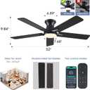 52" Low Profile Ceiling Fans with Lights and Remote,Black Indoor Ceiling Fans with Reversible Quiet Motor,Modern Flush Mount Ceiling Fan Light for Bedroom