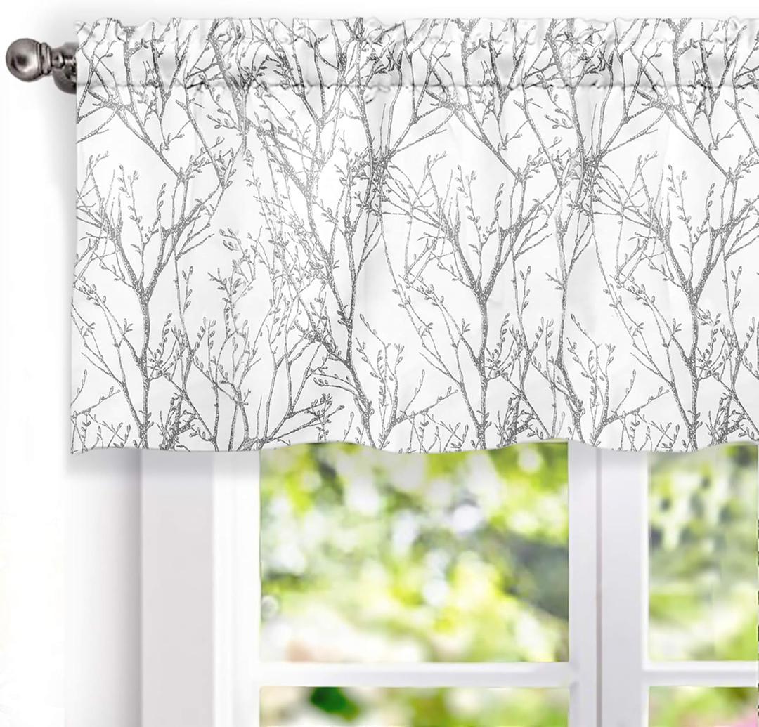 DriftAway Tree Branch Lined Valance Double Layer Blackout Thermal Insulated Abstract Ink Printing Window Curtain Valance Rod Pocket 52 Inch by 18 Inch Plus 2 Inch Header Silver Gray 1 Pack
