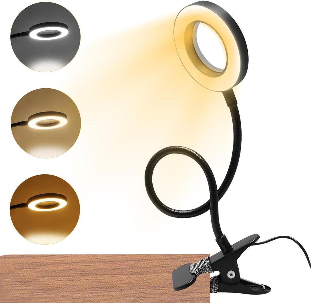 5X Magnifying Glass with Light, 3 Color Modes LED Lighted Desk Lamp, USB Powered Magnifier Lamp with Metal Clamp, Flexible Gooseneck Magnifier for Bed Work Crafts DIY Repair(Black)