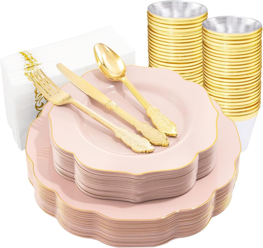 NOCCUR 175PCS Pink Plates with Gold Disposable Silverware - Include 50 Pink Plastic Plates,25 Knives,25 Forks,25 Spoons,25 Cups and 25 Napkins - Ideal for Party/Christmas