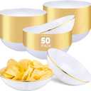 50 Pcs 12 oz White Plastic Bowls Bulk Disposable Bowls with Gold Rim Plastic Serving Tableware Birthday Party Supplies for Wedding Chips Salad Dessert Ice Cream Candy Plates Catering
