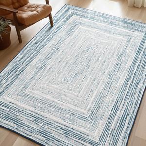Phantoscope Washable Area Rug 4'x6' Non-Slip, Modern Neutral Boho Rugs for Living Room, Bedroom, DiningRoom, Distressed Geometric Rectangle Pattern, Low-Pile Foldable Floor Carpet, Coastal Blue/Grey