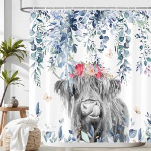 Blue Eucalyptus Highland Cow Shower Curtain Watercolor Floral Leaves Cattle Plants Botanical Bathroom Decor Waterproof Fabric Cloth 72Lx72W Inch with 12PCS Hooks