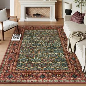 Lahome 8 x 10 Area Rugs for Living Room - Oriental Washable Non-Slip Large Rug Ultra-Thin Stain Resistant Dining Room Rugs for Under Table, Floral Vintage Print Carpet Rugs for Bedroom (Red, 8'x10')