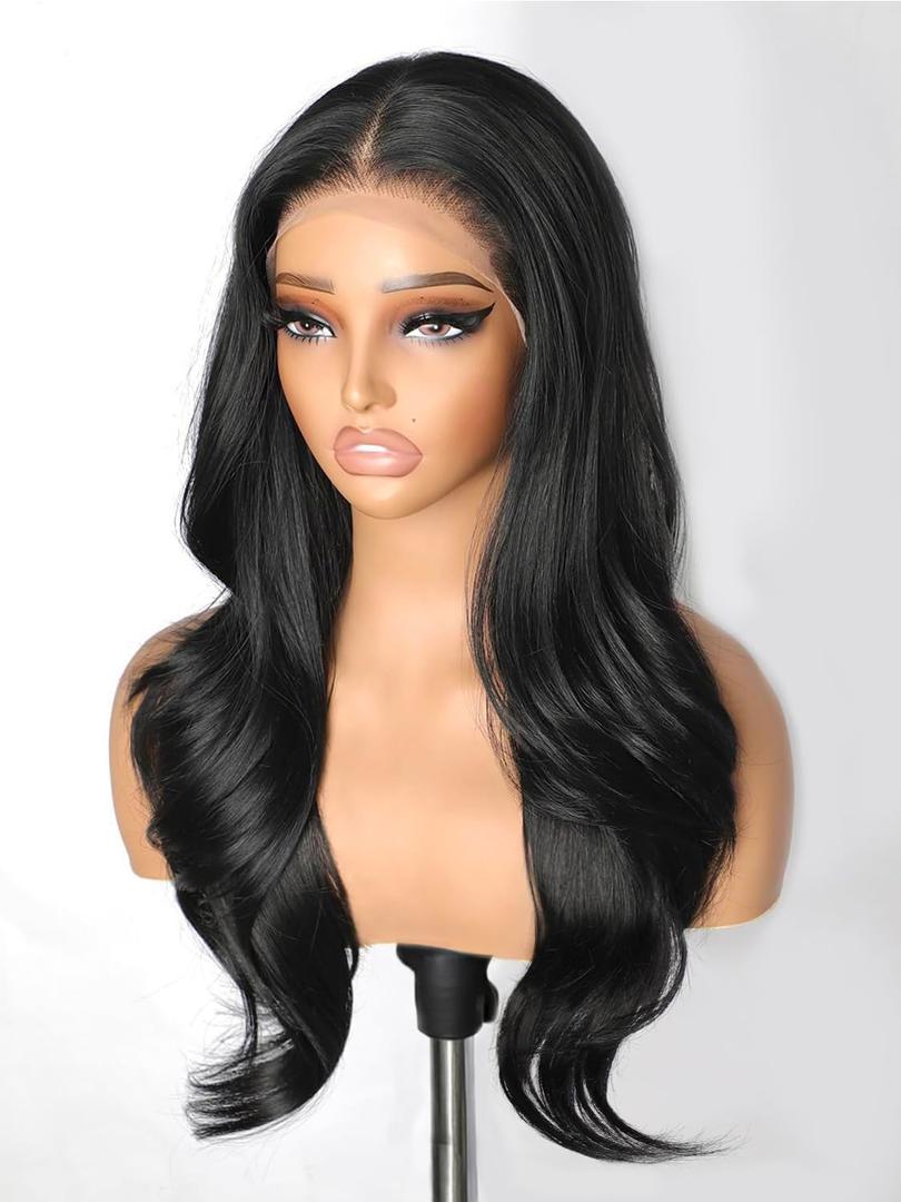 Cuiud Black Synthetic Lace Front Wig 134 HD Pre Plucked Black Lace Front Wigs for Women 26inch Long Layered Wavy Wigs Glueless Wigs for Beginner Dail Party Wear
