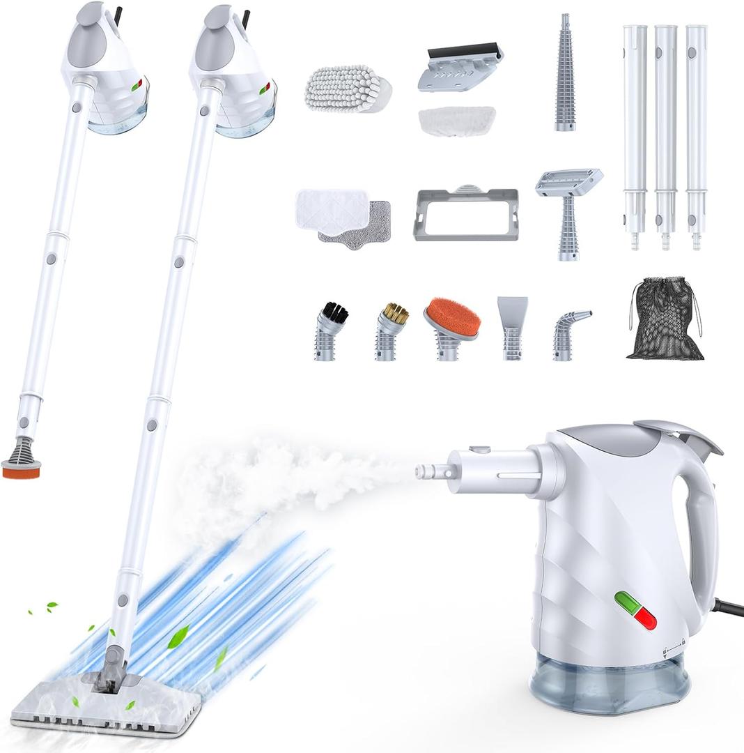 10-in-1 Steam Cleaner, Steam Mop & Detachable Handheld Steam Cleaner, 320ml Water Tank, 10s Fast Heating, Portable Steamer for Kitchen, Floor, Tiles, Window, BBQ Grill, Car, Bright White