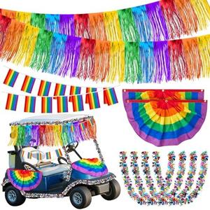 Moucuny Pride Rainbow Parade Float Decoration Kit with Rainbow Metallic Foil Fringe Curtains Tinsel Garland Streamers Fan Flag Banner for Trailer Car Pride Decor Supply
