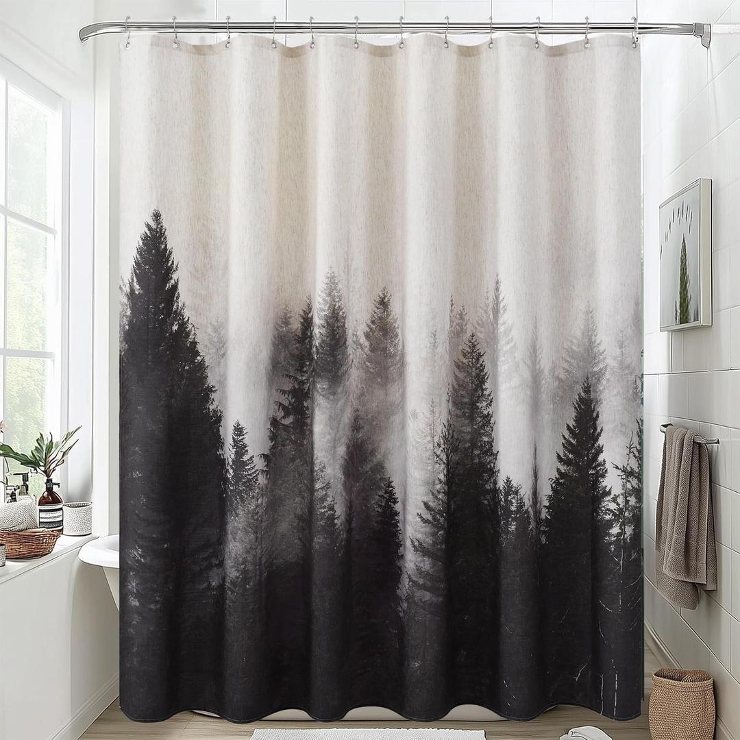 ORTIGIA Mountain Forest Shower Curtain Heavy Blend Linen Fabric, Black Nature Tree, Foggy Woodland Bathroom Curtain, 72x72 Inch, Includes 12 Metal Hooks.