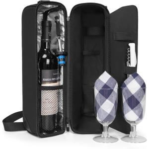 ALLCAMP Wine Bag - Insulated Cooler Bag with Wine Glasses, Bottle Opener & Wine Accessories for Wine Lovers - Portable Wine Gift Bag for Travel, Picnics, and Gift Ideas(Black)