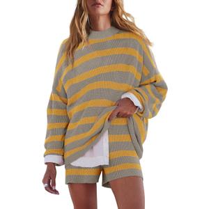 LAMISSCHE Womens Oversized Lounge Sets 2 Piece Outfits Striped Matching Pajama Set Long Sleeve Sweater Set (Small, Grey&Yellow)