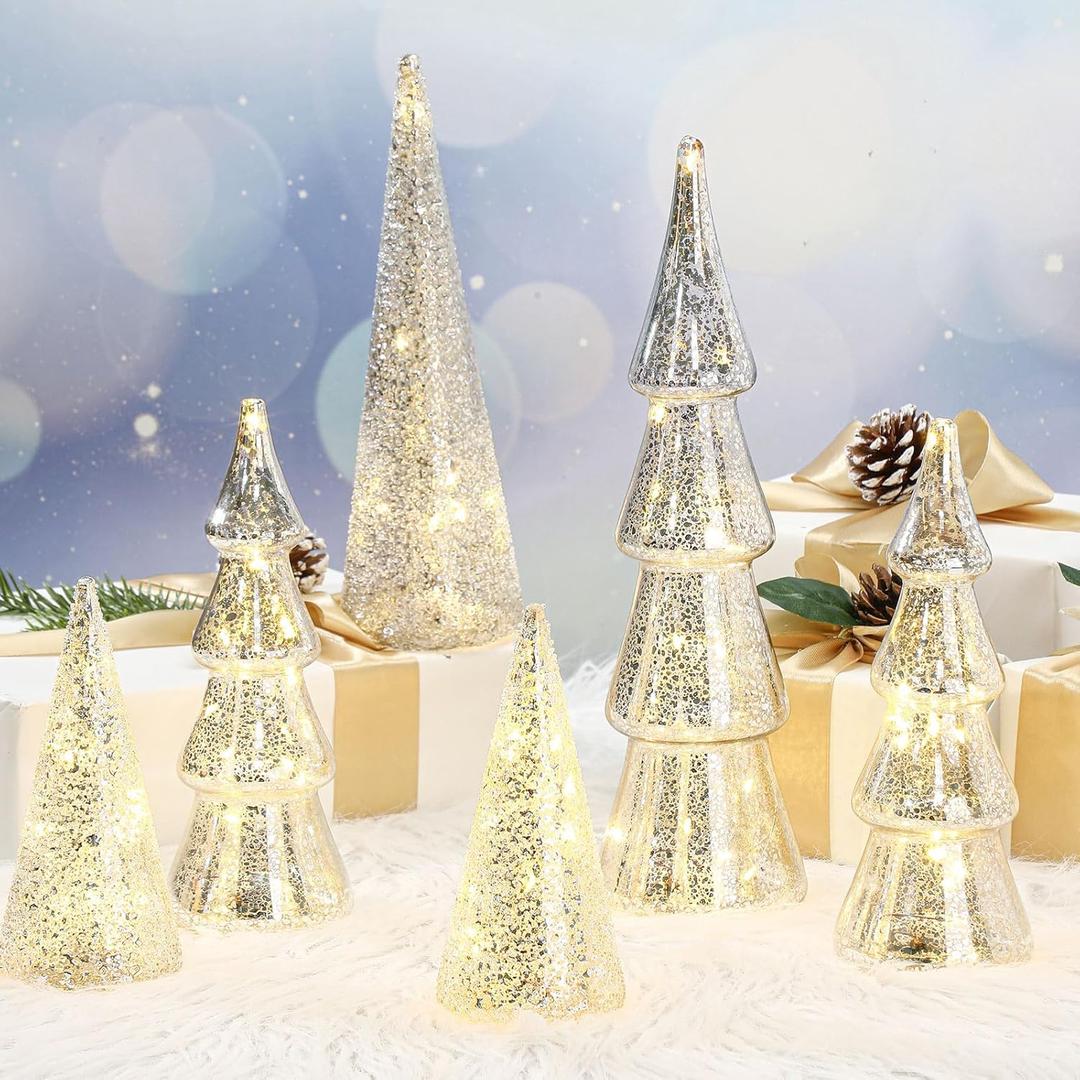 6 Pcs Mercury Glass Christmas Tree Silver Plate Glass Figurines with LED Fairy Lights 11 in Tall Silver Finish Light up Christmas Tree Ornaments Holiday Table Centerpiece Tabletop(Classic)