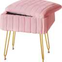 FUXA Vanity Stool with Storage, Pink Vanity Chair 4 Metal Legs with Anti-Slip Feet, Faux Fur Soft Padded Seat, Cute Small Footstool Ottoman, Modern Multifunctional Chairs for Makeup Bedroom
