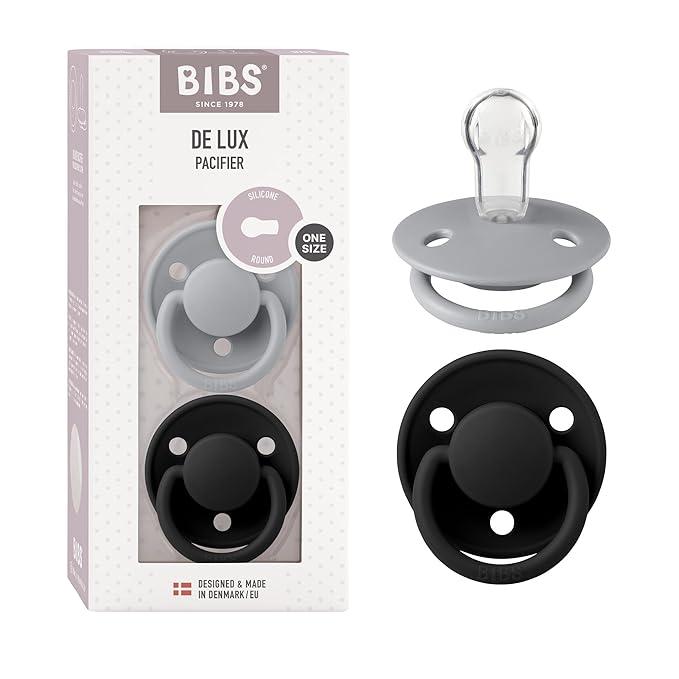 BIBS Pacifiers  De Lux Collection | BPAFree Round Nipple | Silicone | Made in Denmark | Set of 2 Cloud/Black Color Premium Soothers | Size One Size