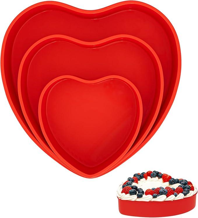 PLUVAVA 3 Pieces Silicone Heart Shaped Cake Pans 6" 8" 10" Nonstick Heart Baking Pans Small Large Silicone Cake Mold Layered Cake Pan for Baking Valentine's Day (Red)