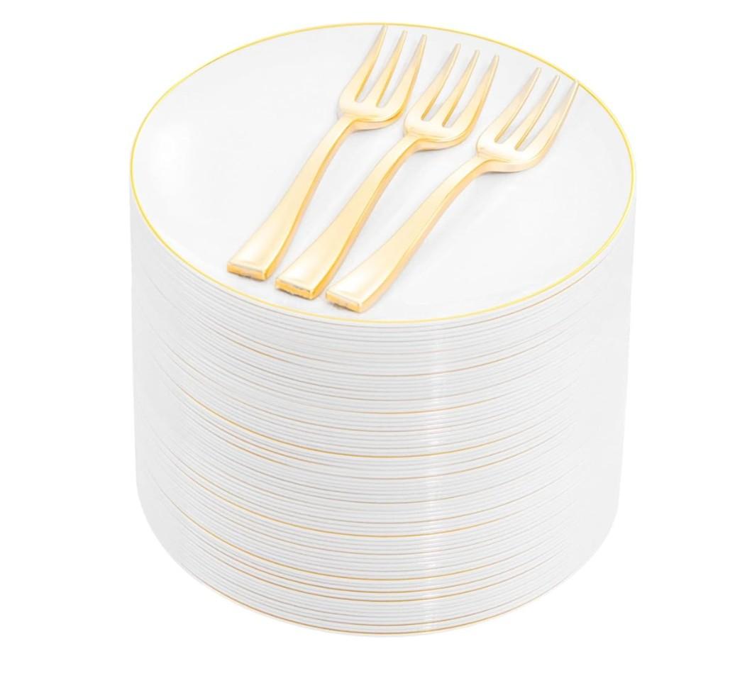 Festiva 200Pcs Gold Dessert Plates 6.3" with Forks 5"- Small Disposable Dessert/Cake/Appetizer Plates Plates- serve 100 guests include 100Plates 100Forks for Wedding Party&Easter& Birthday