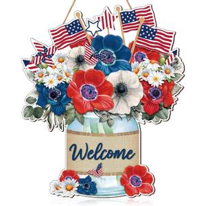 Independence Day Welcome Door Sign Patriotic Door Hanger USA Flag 4th of July Wood Hanging Porch Sign for Farmhouse Porch Front Door Memorial Day Wreath Decor