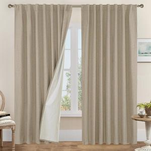 LAMIT Taupe 100% Blackout Linen Curtains, 84 Inch Linen Textured Living Room Farmhouse Curtains Room Darkening Back Tab and Rod Pocket Neutral Panels with White Liner, 2 Panels, 60 x 84 Inch